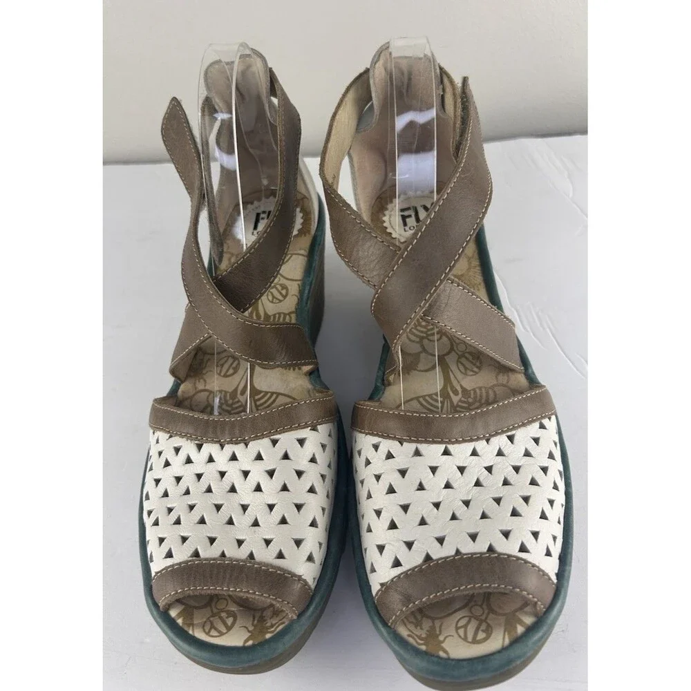 Fly London W EU 41 YUMO White Leather Brown Green Trim Wedge Sandals US 10-10.5